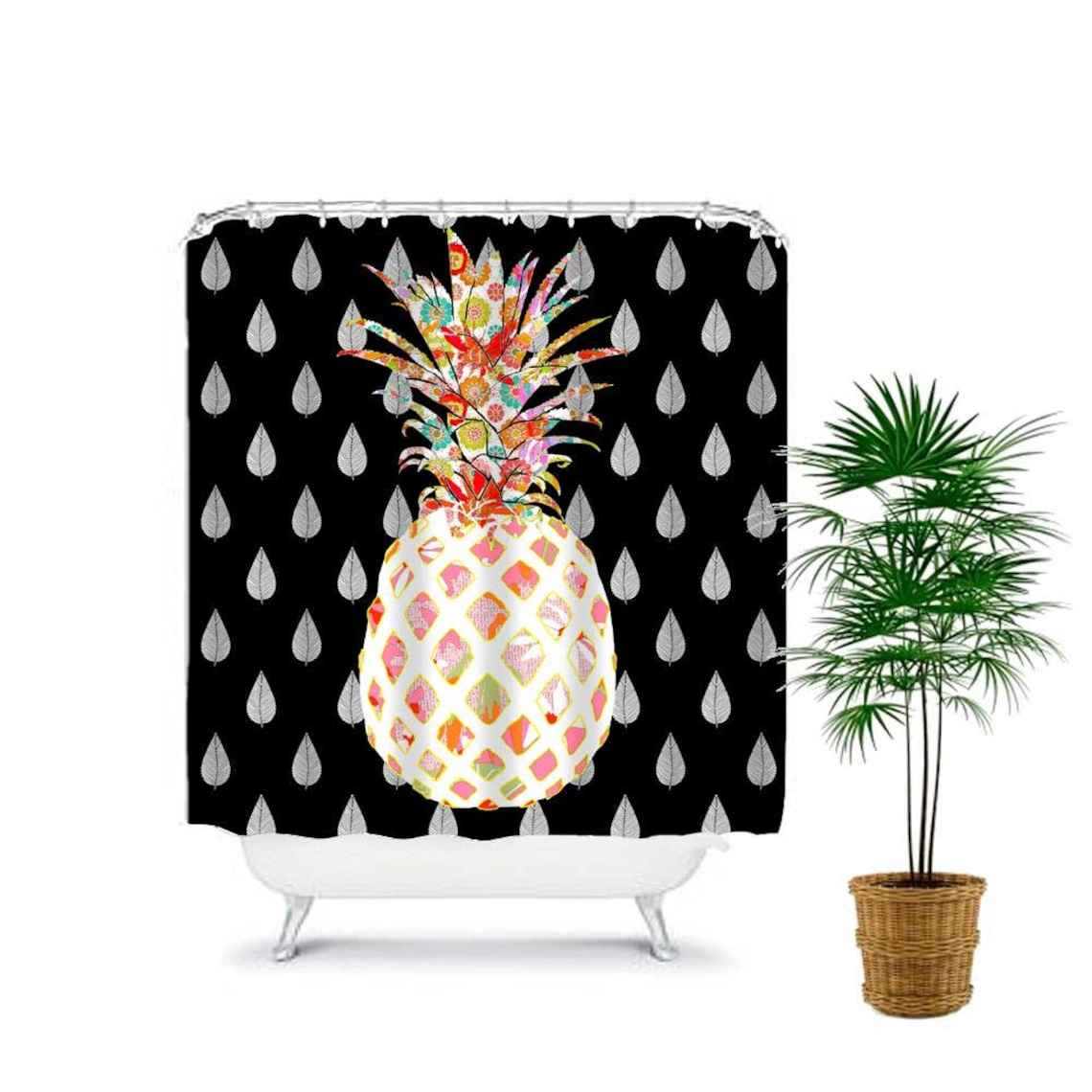 Black and White Pineapple Shower Curtain. Pineapple Bathroom Etsy