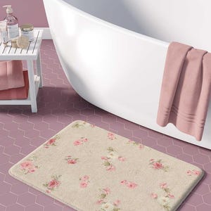 Floral Bath Mat Bathroom Rug, Blurred Rose Print (Small & Large, Soft Microfiber, Non-Slip, Machine Washable)