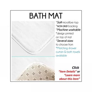 The image is a product detail explanation of an ozscape designs bath mat. It features a close-up of the mat, along with a description of its features, such as the soft microfibre top, non-skid backing, and machine washable design. The mat is available in several sizes, and it is designed to match shower curtains and bath towels. The advertisement also includes a call-to-action for customers to click on "Item Details" or "Learn more about this item" to learn more about the product.