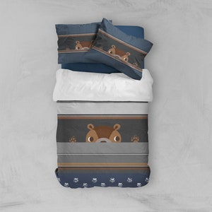 Woodland bear navy cotton duvet cover for toddler boys bedroom decor. Twin, full, queen and king size bedding set with pillow case.