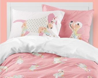 Printed cotton duvet cover for kids. Puppy dog lover Twin duvet, full duvet, queen or king. Pink bedding kids room & girl bedroom decor.