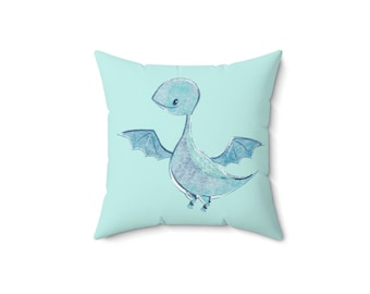 Spun Polyester Baby Pillow with Mint Blue Flying Dinosaur for your Dinosaur Themed Nursery Decor.