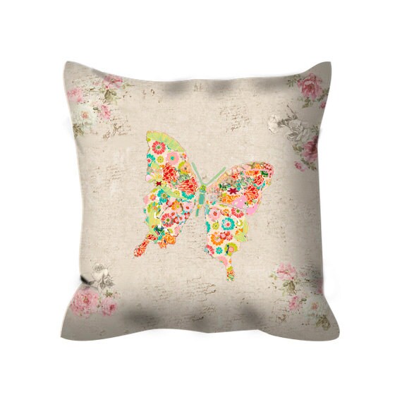 Floral Butterfly Pillow: Shabby Chic Nursery Cushion