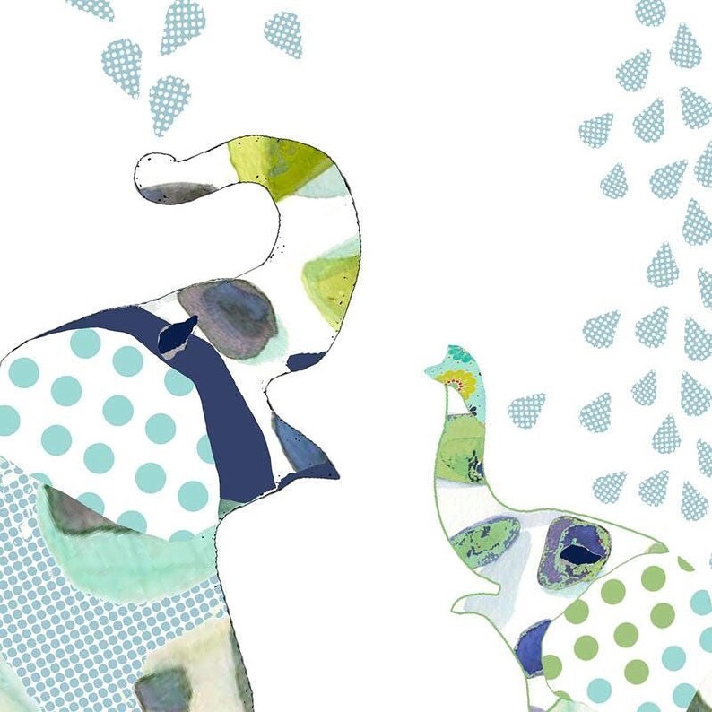 The image is a collage featuring two stylized elephant shapes, one larger and one smaller, with a pattern of polka dots and raindrops surrounding them.