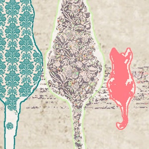 May include: Three abstract shapes, two with floral patterns in teal and gray, and one with a pink silhouette of a cat.