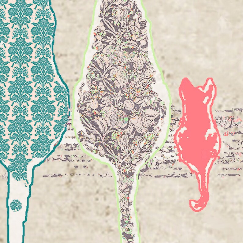May include: Three abstract shapes, two with floral patterns in teal and gray, and one with a pink silhouette of a cat.