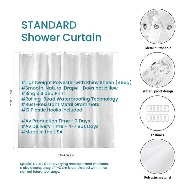 The image is a product description for an Ozscape Designs Standard shower curtain, featuring various features and specifications.