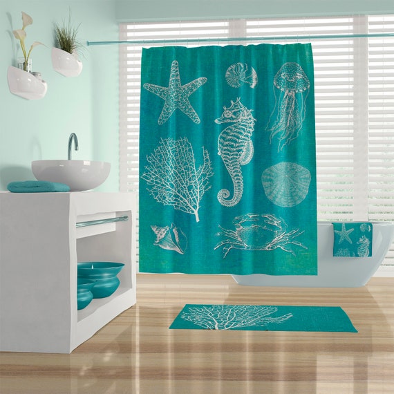 Sea Creatures Beach Shower Curtain Aqua Bathroom Decor. Waterproof Fabric  Long Shower Curtains, Coral Bath Mat, Ocean Decor Bath Towel. 