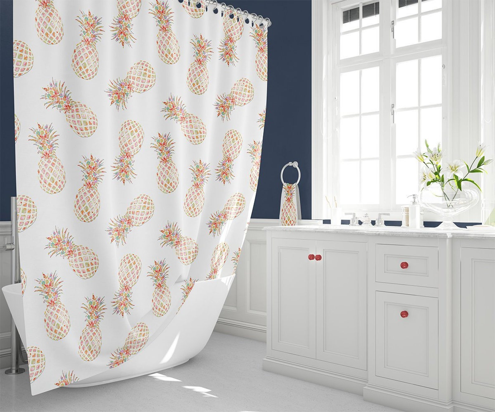Pineapple Shower Curtain Gender Neutral Tropical Bathroom | Etsy