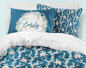 Girls Navy Floral Duvet Cover Set: Custom Name Pillowcase, Cotton Bedding