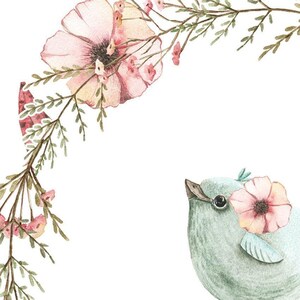 May include: A watercolor illustration featuring a light blue bird with a pink flower on its head, positioned below a curved branch adorned with delicate green leaves and several soft pink flowers against a plain white background.
