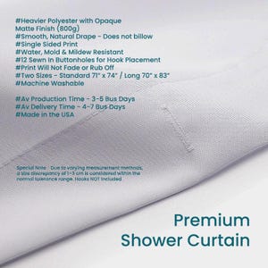 The image is a close-up of a shower curtain with a list of features and specifications for a premium shower curtain.