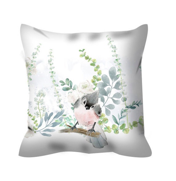 Leafy Nursery Throw Pillow Cover: Watercolor Bird Motif - Durable Soft Fabric, Eco Friendly Ink, Cozy Kids Cushion