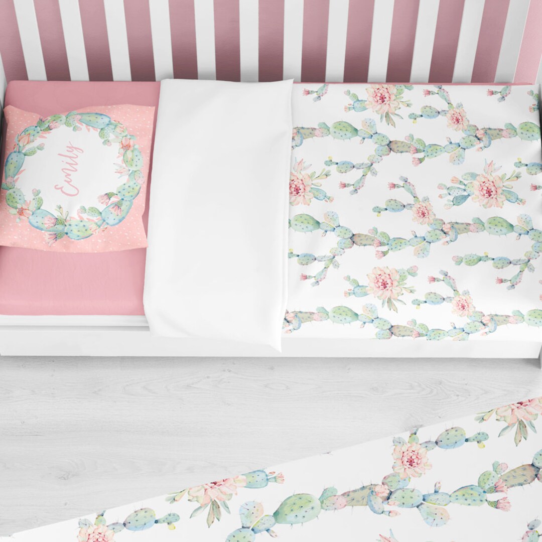 Toddler Girls Bedding Set With Personalized Pillow Case. Cactus Floral