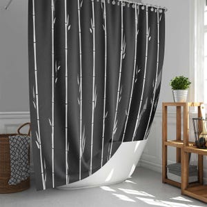 Black White Stripe Fabric Shower Curtain Set – Bamboo Printed Bath Mat & Towels