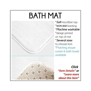 The image is a product detail explanation of an ozscape designs bath mat. It features a close-up of the mat, along with a description of its features, such as the soft microfibre top, non-skid backing, and machine washable design. The mat is available in several sizes, and it is designed to match shower curtains and bath towels. The advertisement also includes a call-to-action for customers to click on "Item Details" or "Learn more about this item" to learn more about the product.