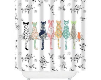 Floral Cat Shower Curtain: Shabby Chic Bathroom Decor, Eco-Friendly Print