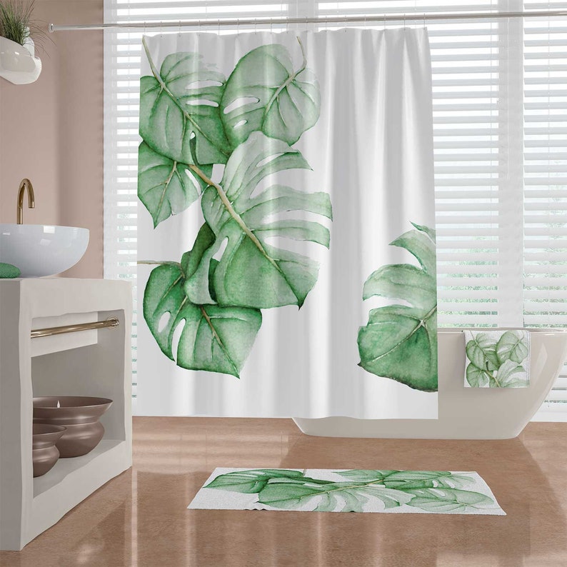 Tropical Shower Curtain Watercolor Green Palm Leaves Green Etsy