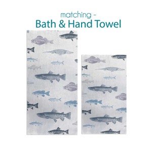 Coastal Fish Bath Towel Set: Blue Gray Bathroom Decor