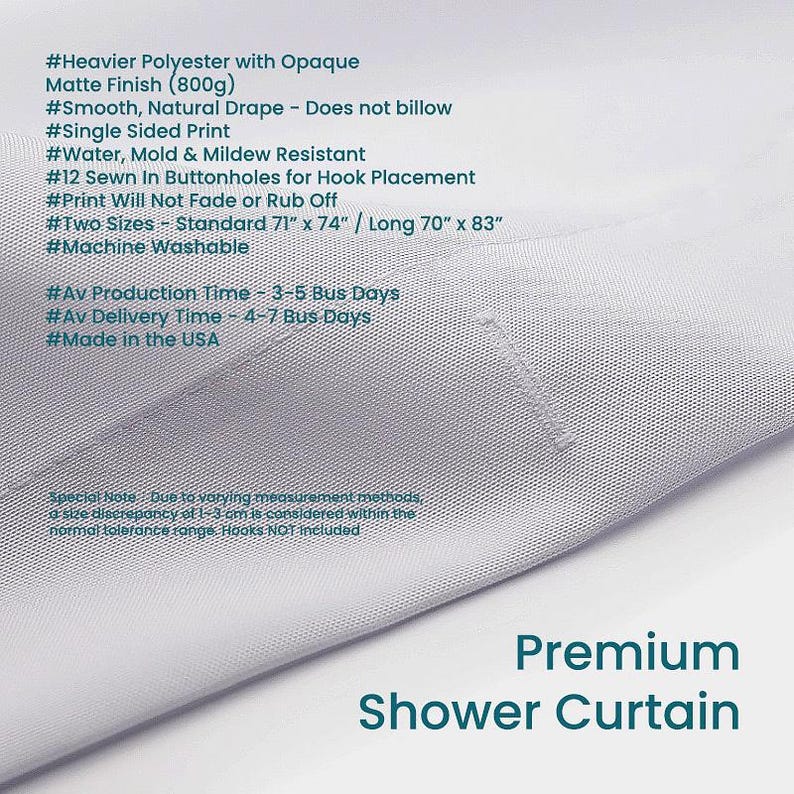 The image is a close-up of an Ozscape Designs Premium shower curtain with a list of features and specifications for a premium shower curtain.