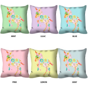 May include: Six decorative pillow covers featuring a colorful zebra foal design on a variety of backgrounds, including mint, lilac, blue, pink, lemon, and gray.