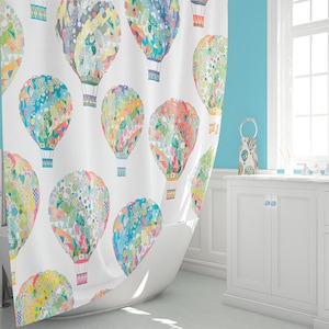 Hot air balloons extra long shower curtain for kids bathroom decor. Fun, colorful bath shower curtains for unisex childrens bathroom.