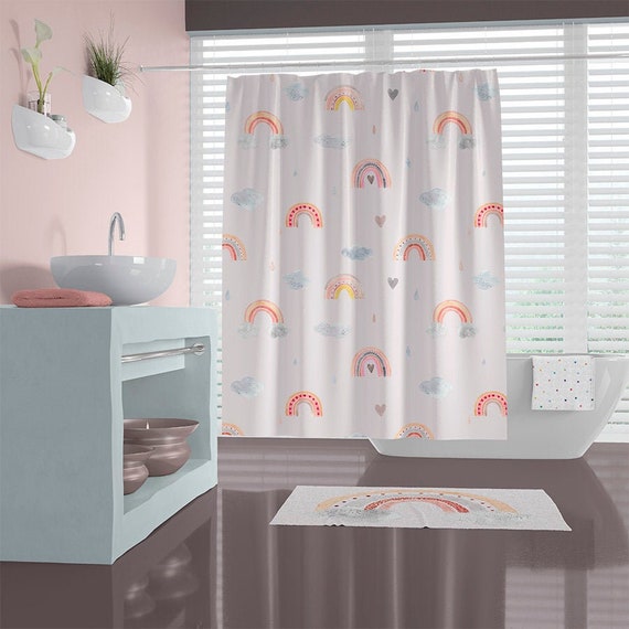 Rainbow Shower Curtain Peach Bathroom, Kid Girl Shower Curtain