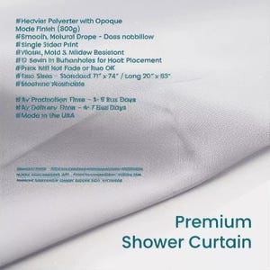 The image is a close-up of an Ozscape Designs Premium shower curtain with a list of features and specifications for a premium shower curtain.