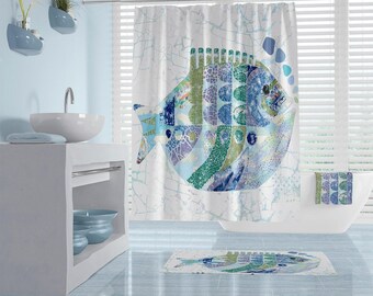 Fish Shower Curtain Set: Abstract Ocean Art, Navy Blue Palette (Polyester Fabric, Mold Resistant, Multiple Size Options)