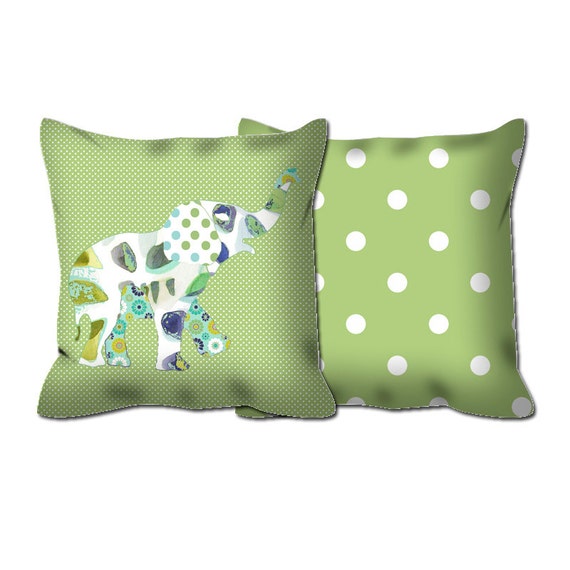 Elephant Baby Pillow: Green Polka Dot Pattern - Durable Spun Polyester, Machine Washable Cover, Kids Room Decor