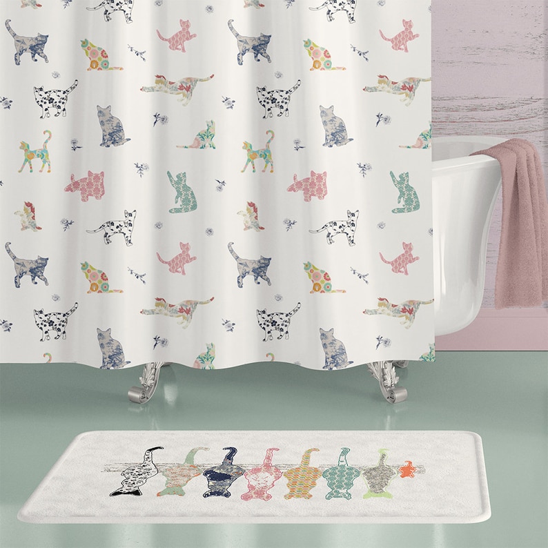 Cats Shower Curtain Shabby Cottage Chic Bathroom Decor Set Etsy