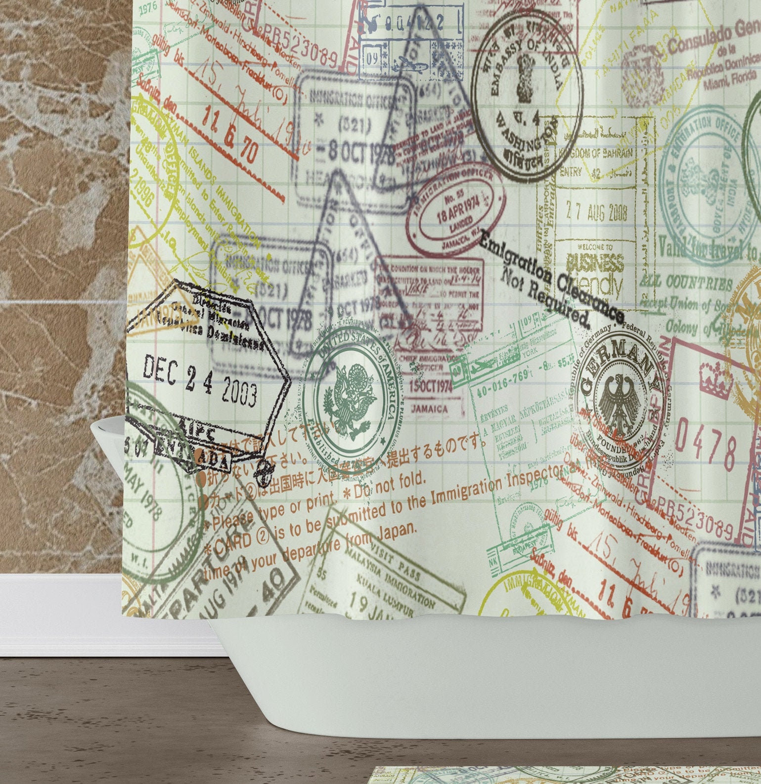 Passport Stamps Shower Curtain: Travel Theme Bathroom Decor Dad Gift