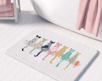 Alfombrilla de baño con diseño de gatos - Alfombra de espuma viscoelástica con estampado floral - Base antideslizante, suave y cómoda, de secado rápido / Decoración para el baño de niños y bebés