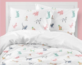 Set di biancheria da letto per bambine con copripiumino a fantasia floreale rosa e gatti: dalle misure singole a quelle king size, 100% cotone satinato / Decorazione giocosa per la cameretta, lavabile in lavatrice.
