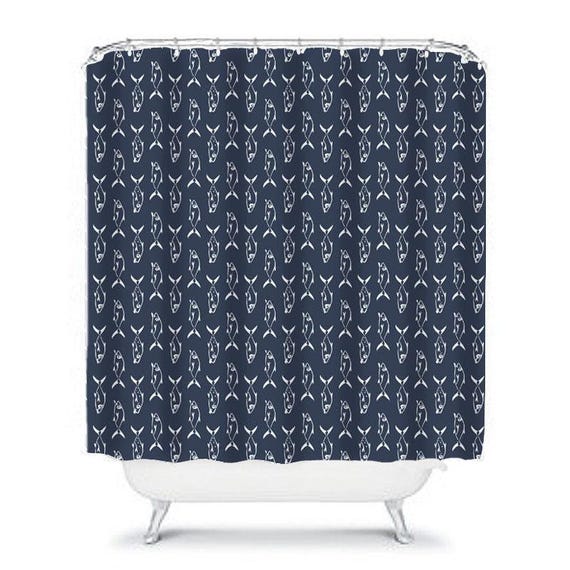 Navy Fish Shower Curtain - Gender Neutral Bathroom Decor - Mold Resistant Fabric, Rust-Proof Grommets, Extra Long