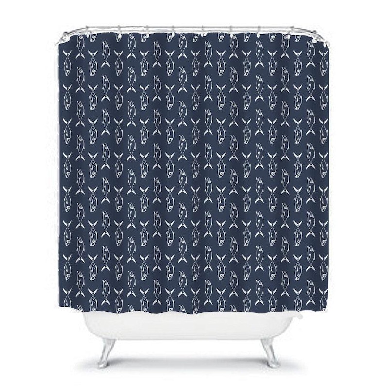 Navy Fish Shower Curtain - Gender Neutral Bathroom Decor - Mold Resistant Fabric, Rust-Proof Grommets, Extra Long image 1