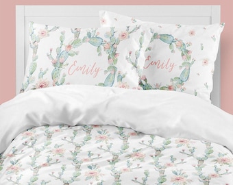 Personalized Cactus Bloom Duvet Cover: Floral Cotton Bedding (Twin-King)