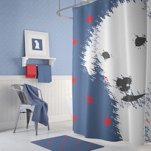 Kids shower curtain dog lover gift. Red, white and navy bathroom decor. Toddler boys shower curtains with navy and red bath mat and towel