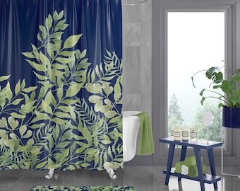 Navy Blue Leafy Shower Curtain: Tropical Green Bathroom Decor