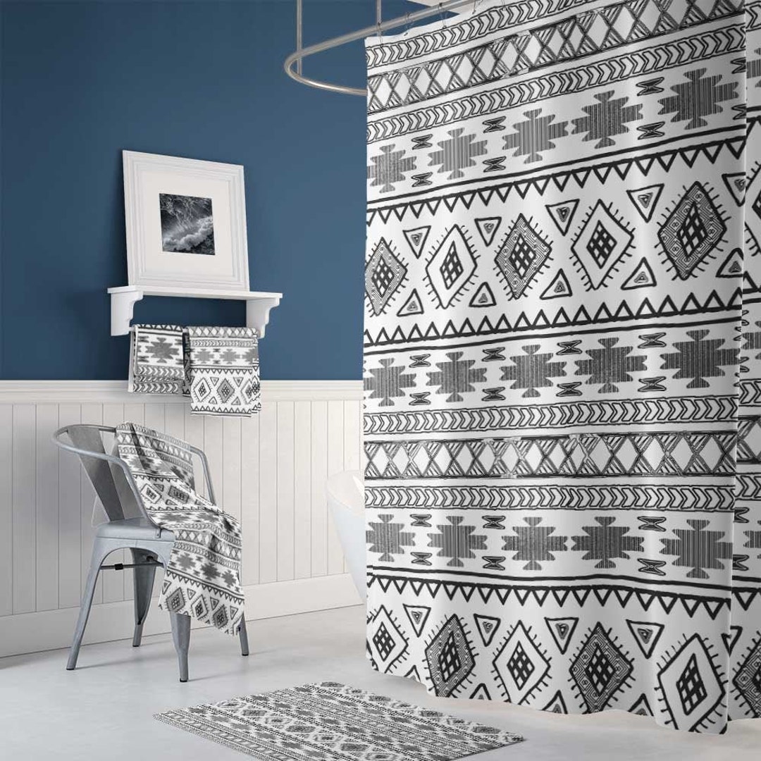 Aztec Shower Curtain Black and White Southwestern Bathroom Etsy