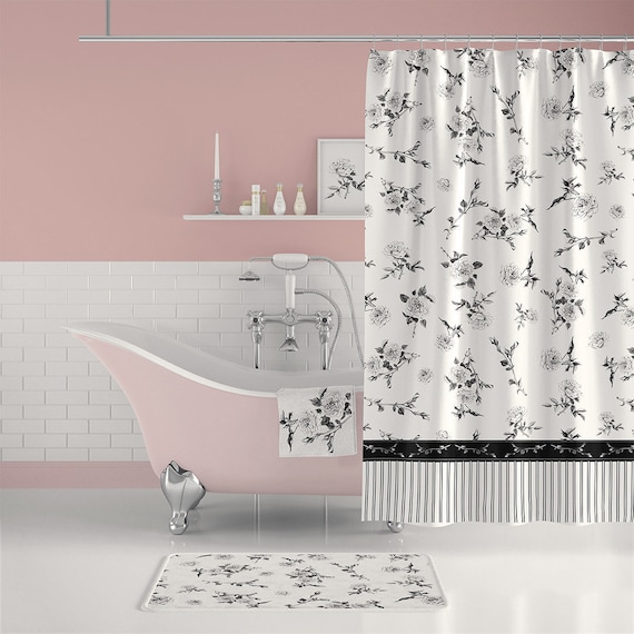 Black And White Floral Shower Curtain With Bath Mat. Floral Etsy