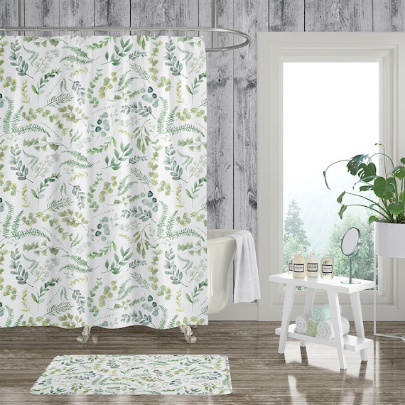 Botanical Shower Curtain Set. Leafy Green Floral Bathroom