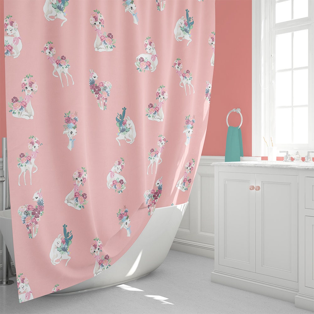 Llama Animal Pink Shower Curtains Girls Shower Curtain Peach Etsy