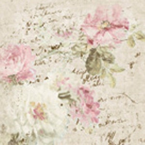 May include: A vintage-style floral print with pink and white roses on a beige background. The print features handwritten text in a faded brown ink.