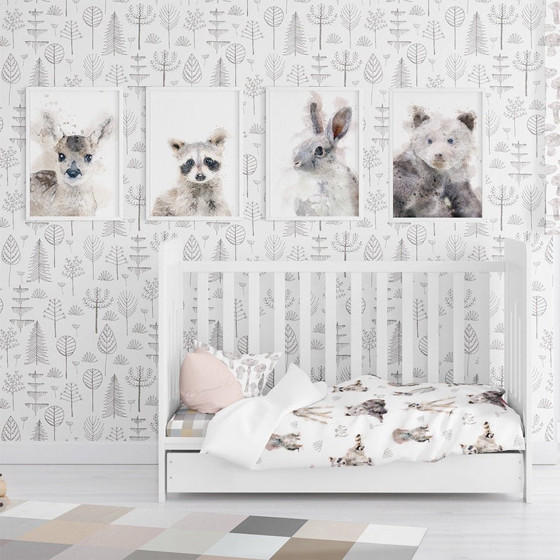 Watercolor woodland animals toddler girl single comforter crib bedding set. Woodland baby bedding girls duvet set with sheets