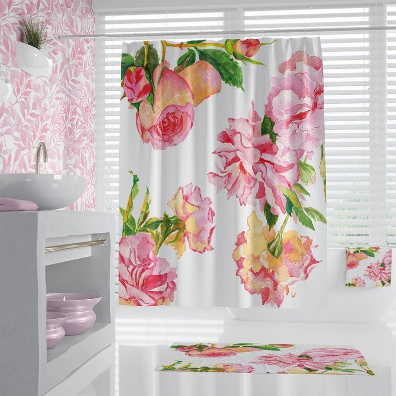 Pink Roses Floral Shower Curtain: Antique-Inspired Design - Eco-Friendly Dye Sublimation, Quick Dry, Rust-Resistant Grommets image 1