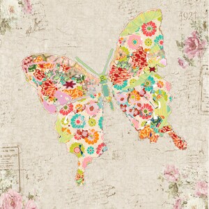 May include: A colorful butterfly with floral patterns on its wings against a beige background with floral accents and the year 1921 printed in the top right corner.