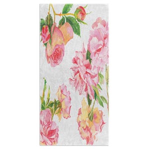 The image is a vibrant and colorful painting of various pink and yellow flowers, including roses and carnations, arranged in a visually appealing manner.