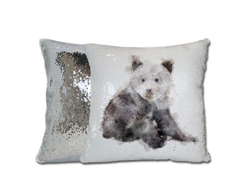 Woodland Bear pillow with Silver sequins. Black and white animal cushion cover. Girl woodland decor.