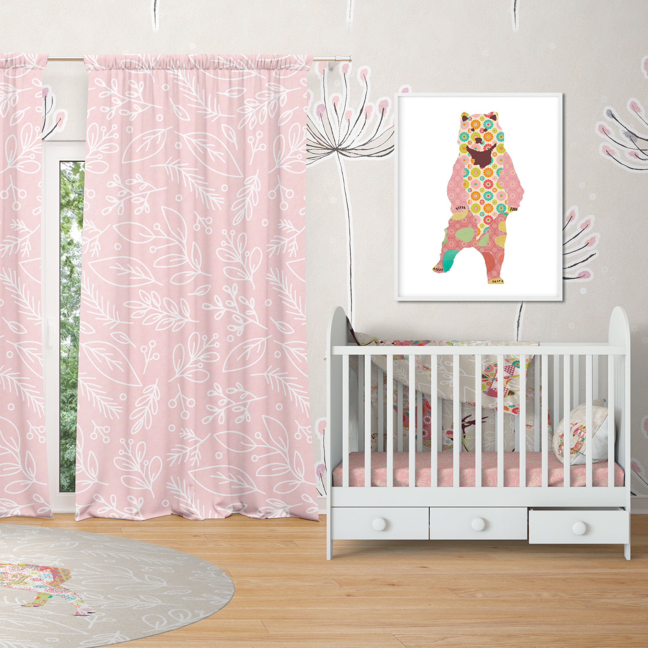 Pink floral nursery window curtains. Baby girl curtain. Pink Etsy